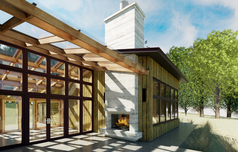 View: Exterior Entry with West Fireplace