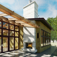 View: Exterior Entry with West Fireplace